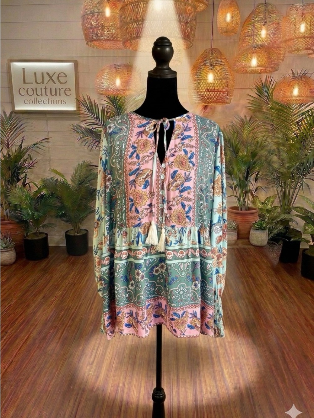 Bohemian Floral Tie-Front Peasant Blouse in Pink and Green